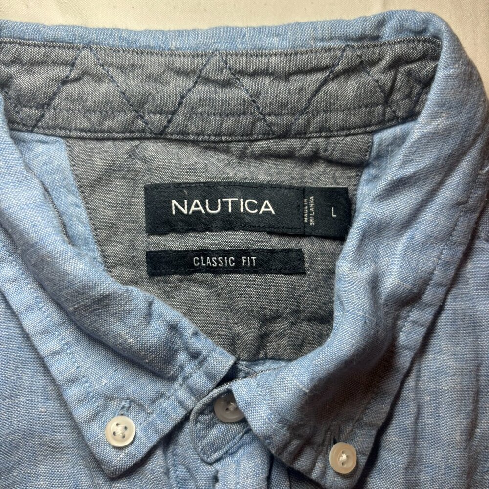 Nautica Shirt Men's Large, Blue, 100% Linen, Short Sleeve, Preppy, Old Money - Picture 4 of 7